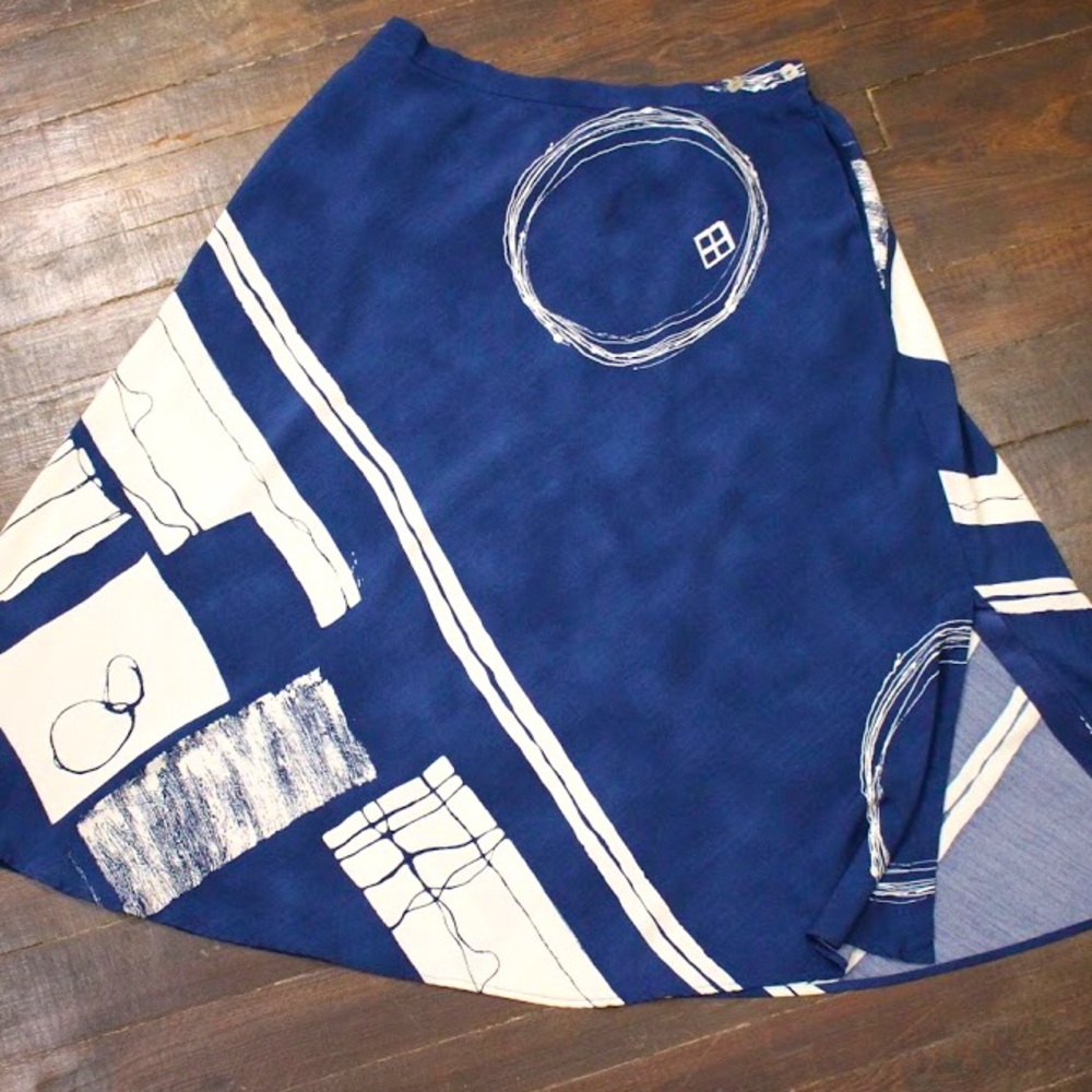 Nino Wong abstract art skirt, blue and white